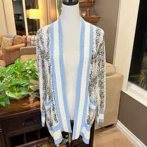 Central Park West Python Print Long Open Cardigan Blue White Trim Pockets (M)